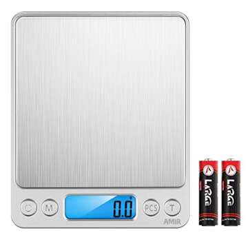 AMIR Digital Kitchen Scale, 3000g 0.01oz/ 0.1g Pocket Coffee Scale, Mini Food Scale, Pro Electronic Jewelry Scale with Back-Lit LCD Display, Tare & PCS Functions, Stainless Steel, Batteries Included