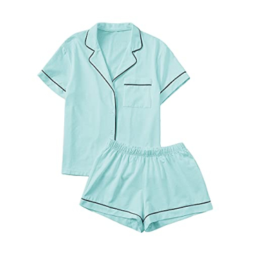 Floerns Women's Notch Collar Short Sleeve Sleepwear Two Piece Pajama Set in Mint Blue