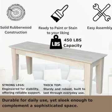International Concepts Shaker Style Bench for Kitchen/Dining, Solid Parawood, 47"W x 14.37"D x 18.7"H, 450 lb Capacity, Paint or Stain in Any Color Any Color, Unfinished