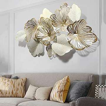 ZXCDS Creative Handmade Metal Wall Art Leaves Golden Flower Blooming, Modern Light Luxury Style Kitchen Nature Home Art Decoration for Living Room Bedroom Artwork Hotel Decor Indoor Gifts