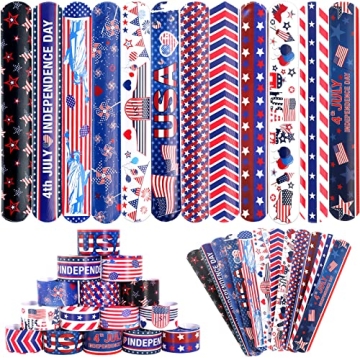 MGparty 48pcs 4th of July Slap Bracelets Toys for Kids 4th of July Party Favors Supplies Patriotic A...
