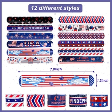 MGparty 48pcs 4th of July Slap Bracelets Toys for Kids 4th of July Party Favors Supplies Patriotic Accessories Decorations