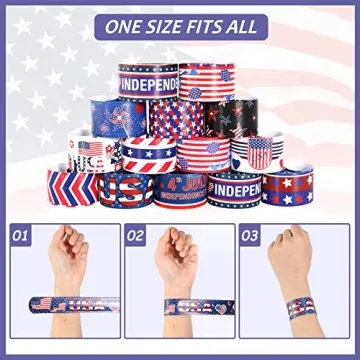 MGparty 48pcs 4th of July Slap Bracelets Toys for Kids 4th of July Party Favors Supplies Patriotic Accessories Decorations