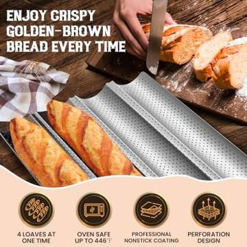 Pavsrmy Baguette Bread Pan, Premium Nonstick Perforated Baguette Pan for French Bread Baking, 4 Loav...