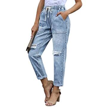 Metietila Women’s Casual Pull-on Distressed Stretch Jeans Elastic Waist Jean Light Denim Joggers P...