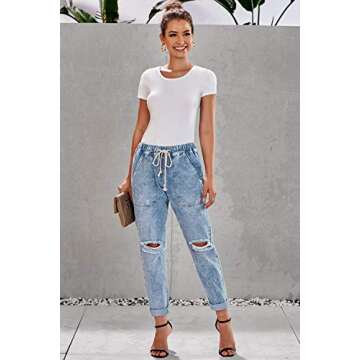 Metietila Women’s Casual Pull-on Distressed Stretch Jeans Elastic Waist Jean Light Denim Joggers Pants for Women Small