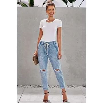 Metietila Women’s Casual Pull-on Distressed Stretch Jeans Elastic Waist Jean Light Denim Joggers Pants for Women Small