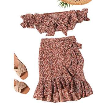 MakeMeChic Women's Two Piece Floral Ruffle Trim Cami Crop Top and Wrap Skirt Set Rust X-Small