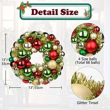 Christmas Ball Wreath 13" Xmas Wreaths Ornaments Glitter Thicken Shatterproof Garland Decoration for Door Wall Mantel Holiday Party Decor, Champagne Gold & Red & Green