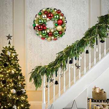 Christmas Ball Wreath 13" Xmas Wreaths Ornaments Glitter Thicken Shatterproof Garland Decoration for Door Wall Mantel Holiday Party Decor, Champagne Gold & Red & Green