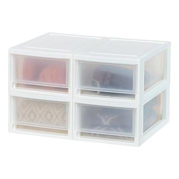 IRIS USA Clear Plastic Stackable Drawer Storage Organizers, 4-Pack for Home, Office, or Craft Room