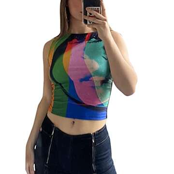 Womens Face Portrait Print Crop Top Y2K E-Girls 90s Sleeveless Tank Top Graphic Print Summer Cami Vest Tops(E-Color Block face Portrait,M)