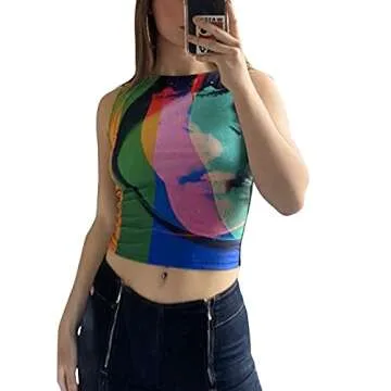 Womens Face Portrait Print Crop Top Y2K E-Girls 90s Sleeveless Tank Top Graphic Print Summer Cami Vest Tops(E-Color Block face Portrait,M)