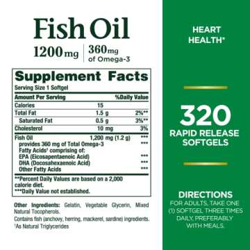 Nature's Bounty Fish Oil, Dietary Supplement, Omega 3, Supports Heart Health, 1200mg, Rapid Release ...