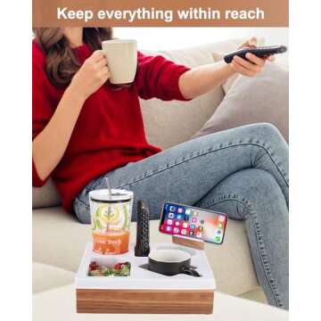 Couch Cup Holder Tray, Silicone Wooden Couch Caddy with Cup Holder for Snacks, Drinks, Remotes, Wate...