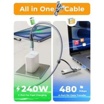AINOPE 240W Long USB C Cable Multi Charging Cable Fast Charging C Type Charger Fast Charge USB to USB C Cable,Right Angle USB C USB to C Fit iPhone 16 15 Pro Max iPad Samsung S25 Ultra 10FT Grey