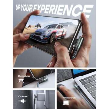 AINOPE 240W Long USB C Cable Multi Charging Cable Fast Charging C Type Charger Fast Charge USB to USB C Cable,Right Angle USB C USB to C Fit iPhone 16 15 Pro Max iPad Samsung S25 Ultra 10FT Grey