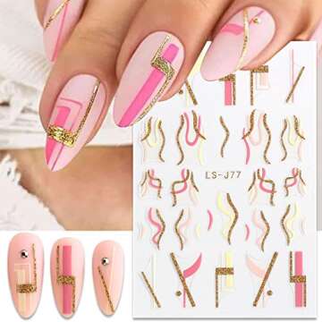 French Shining Line Nail Art Stickers - Gold Metal Curve Wavy Stripe Decals, 3D Glitter Lines, DIY Nail Manicure Decoration for Women