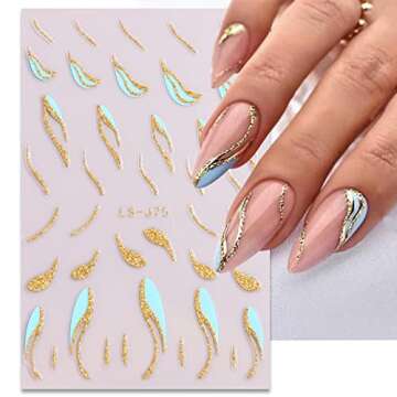 French Shining Line Nail Art Stickers - Gold Metal Curve Wavy Stripe Decals, 3D Glitter Lines, DIY Nail Manicure Decoration for Women