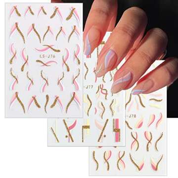 French Shining Line Nail Art Stickers - Gold Metal Curve Wavy Stripe Decals, 3D Glitter Lines, DIY Nail Manicure Decoration for Women