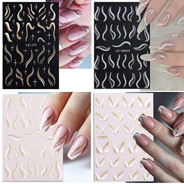 French Shining Line Nail Art Stickers - Gold Metal Curve Wavy Stripe Decals, 3D Glitter Lines, DIY Nail Manicure Decoration for Women