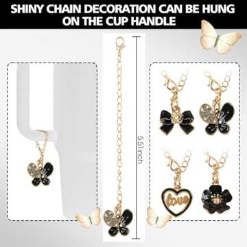 Odiwellan Straw Topper for Stanley Cup 40&30oz,10mm Bling Flower Straw Cover Cap,Sparkle Butterfly Straw Lips and Matching Chain Charms Reusable for Tumbler Accessories (Black)