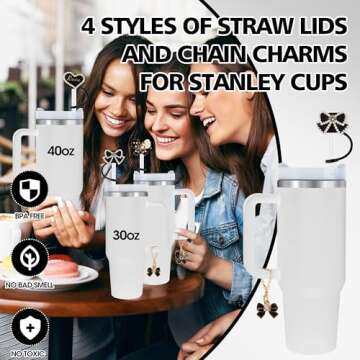 Odiwellan Straw Topper for Stanley Cup 40&30oz,10mm Bling Flower Straw Cover Cap,Sparkle Butterfly Straw Lips and Matching Chain Charms Reusable for Tumbler Accessories (Black)