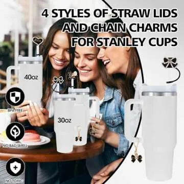 Odiwellan Straw Topper for Stanley Cup 40&30oz,10mm Bling Flower Straw Cover Cap,Sparkle Butterfly Straw Lips and Matching Chain Charms Reusable for Tumbler Accessories (Black)