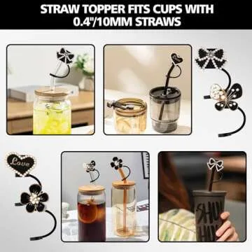 Odiwellan Straw Topper for Stanley Cup 40&30oz,10mm Bling Flower Straw Cover Cap,Sparkle Butterfly Straw Lips and Matching Chain Charms Reusable for Tumbler Accessories (Black)