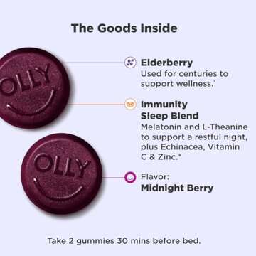 OLLY Immunity Sleep Gummy, Immune and Sleep Support, 3mg Melatonin, Echinacea, Zinc, Vitamin C, Chewable Supplement, Berry - 60 Count