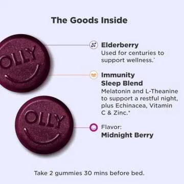 OLLY Immunity Sleep Gummy, Immune and Sleep Support, 3mg Melatonin, Echinacea, Zinc, Vitamin C, Chewable Supplement, Berry - 60 Count