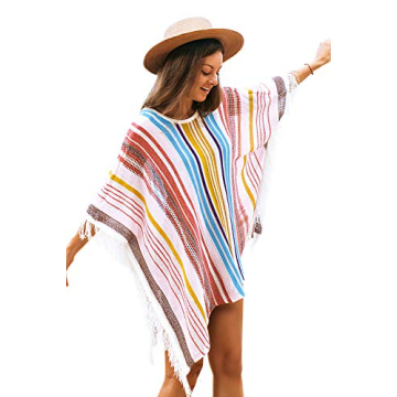 CUPSHE Women's Crochet Beach Bikini Cover Up Colorful Strip Tassels V Neck Drop Shoulde 3/4 Sleeve L...