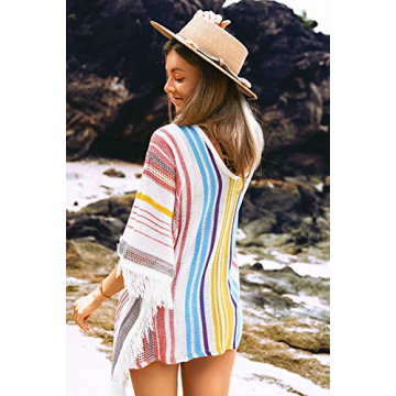 CUPSHE Women's Crochet Beach Bikini Cover Up Colorful Strip Tassels V Neck Drop Shoulde 3/4 Sleeve Loose Waisted Mini Length