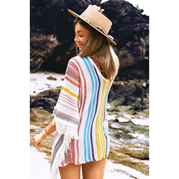 CUPSHE Women's Crochet Beach Bikini Cover Up Colorful Strip Tassels V Neck Drop Shoulde 3/4 Sleeve Loose Waisted Mini Length