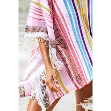 CUPSHE Women's Crochet Beach Bikini Cover Up Colorful Strip Tassels V Neck Drop Shoulde 3/4 Sleeve Loose Waisted Mini Length
