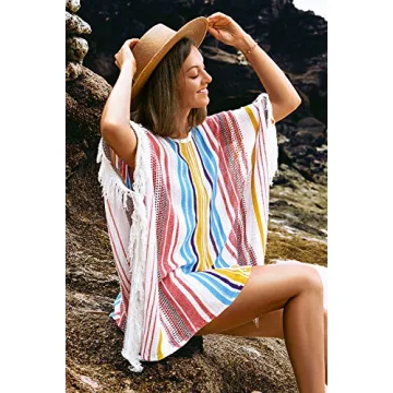 CUPSHE Women's Crochet Beach Bikini Cover Up Colorful Strip Tassels V Neck Drop Shoulde 3/4 Sleeve Loose Waisted Mini Length