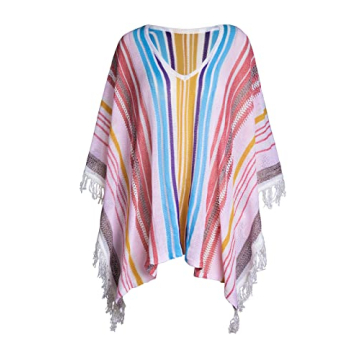 CUPSHE Women's Crochet Beach Bikini Cover Up Colorful Strip Tassels V Neck Drop Shoulde 3/4 Sleeve Loose Waisted Mini Length