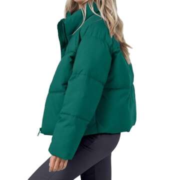 URMOSS Women's 2024 Winter Cropped Puffer Jacket Long Sleeve Stand Collar Oversize Lightweight Zip Up Short Down Coat with Pockets(Green,S)
