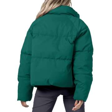 URMOSS Women's 2024 Winter Cropped Puffer Jacket Long Sleeve Stand Collar Oversize Lightweight Zip Up Short Down Coat with Pockets(Green,S)