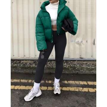 URMOSS Women's 2024 Winter Cropped Puffer Jacket Long Sleeve Stand Collar Oversize Lightweight Zip Up Short Down Coat with Pockets(Green,S)