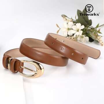 TRIWORKS 2 Pack Women Leather Belt for Jeans Pants Fashion Ladies Skinny Faux Leather Belt with Gold Buckle