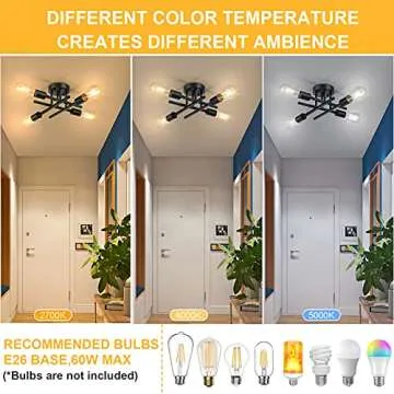 SunRider Industrial 4-Light Semi Flush Mount Ceiling Light Fixture, Modern Farmhouse Lights Matte Black, Rustic Sputnik Chandelier for Bedroom Foyer