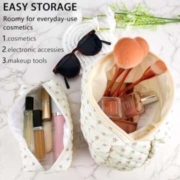 2Pcs Cotton Quilted Makeup Bag for Women Travel Large Coquette Floral Cosmetic Bag Set Cute Small White Makeup Pouch for Purse Portable Zipper Toiletry Bag Organizer Big Aesthetic