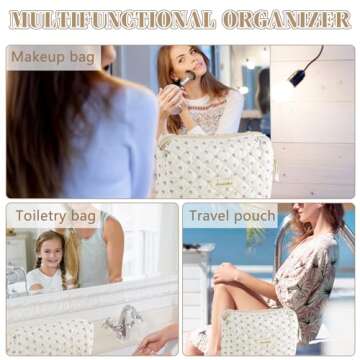 2Pcs Cotton Quilted Makeup Bag for Women Travel Large Coquette Floral Cosmetic Bag Set Cute Small White Makeup Pouch for Purse Portable Zipper Toiletry Bag Organizer Big Aesthetic