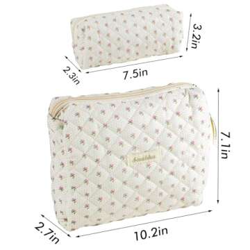 2Pcs Cotton Quilted Makeup Bag for Women Travel Large Coquette Floral Cosmetic Bag Set Cute Small White Makeup Pouch for Purse Portable Zipper Toiletry Bag Organizer Big Aesthetic