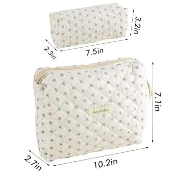 2Pcs Cotton Quilted Makeup Bag for Women Travel Large Coquette Floral Cosmetic Bag Set Cute Small White Makeup Pouch for Purse Portable Zipper Toiletry Bag Organizer Big Aesthetic