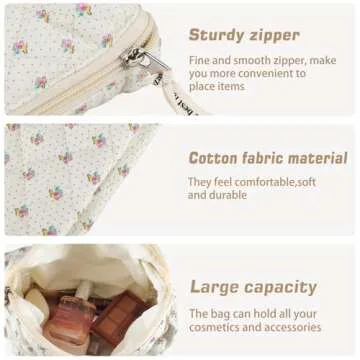2Pcs Cotton Quilted Makeup Bag for Women Travel Large Coquette Floral Cosmetic Bag Set Cute Small White Makeup Pouch for Purse Portable Zipper Toiletry Bag Organizer Big Aesthetic