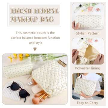 2Pcs Cotton Quilted Makeup Bag for Women Travel Large Coquette Floral Cosmetic Bag Set Cute Small White Makeup Pouch for Purse Portable Zipper Toiletry Bag Organizer Big Aesthetic