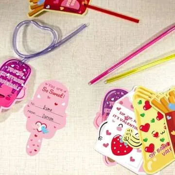 Valentine's Day Gifts Kids - Fun Straws & Cards Set