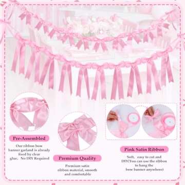 2Pcs Pink Satin Ribbon Bow Banner Garland, Bow Party Decortions, Girls Bow Birthday Decorations, Baby Shower Decorations, Tying The Knot Bridal Shower Bachelorette Party Decor